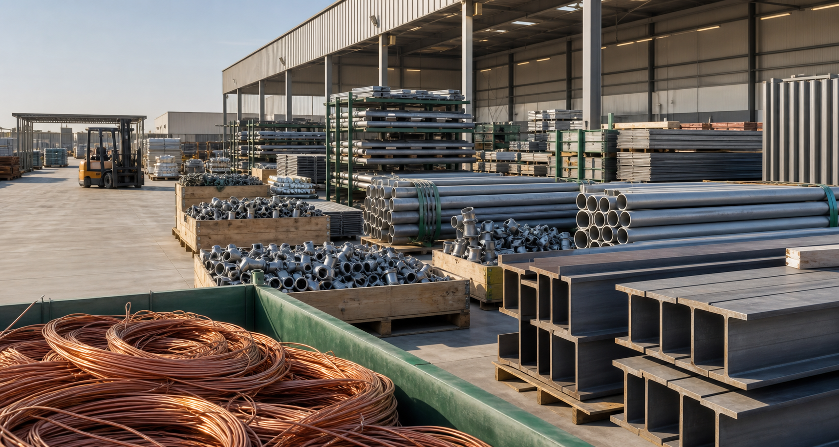 Organized industrial yard with sorted scrap metal and surplus materials