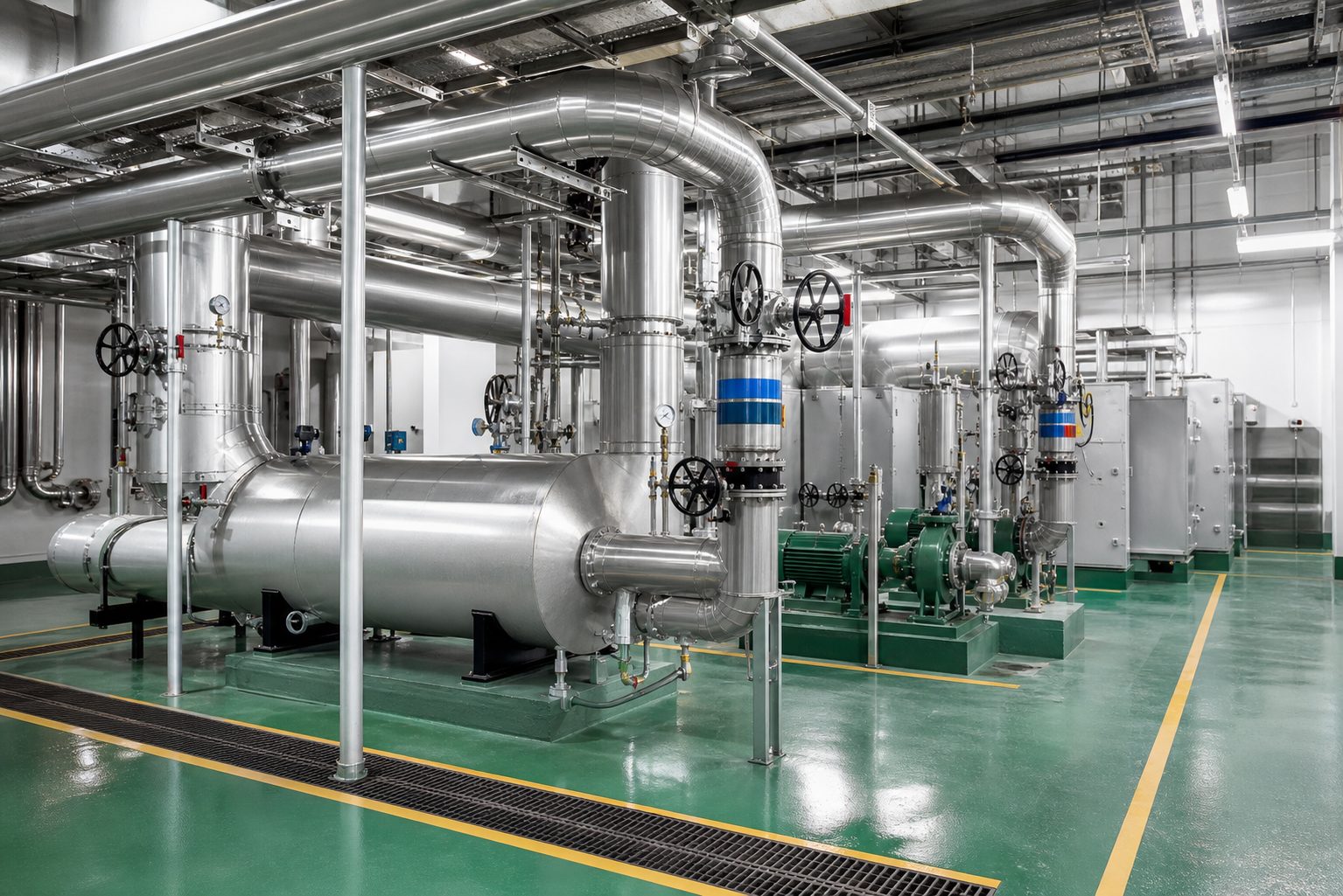 Mechanical plant room with stainless pipes pumps and valves